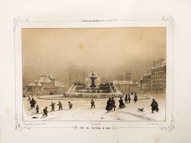 The image shows an old photo of people skating in the snow near a fountain surrounded by trees and...