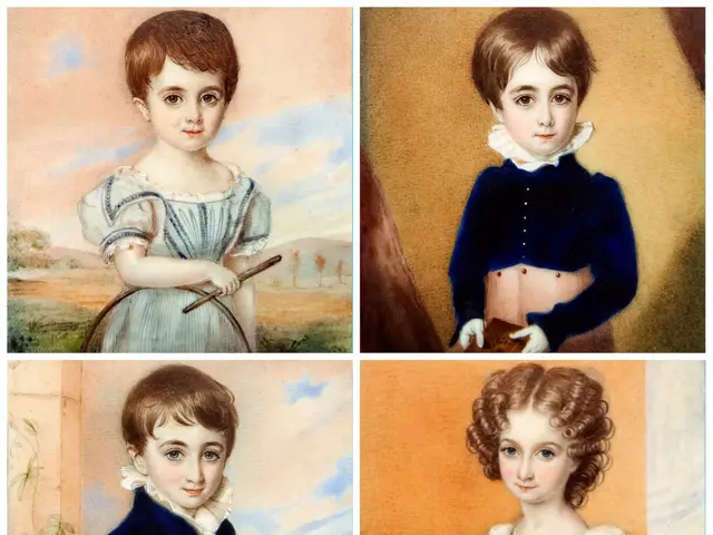 The image shows a collage of four pictures of children in different outfits, each with a human...