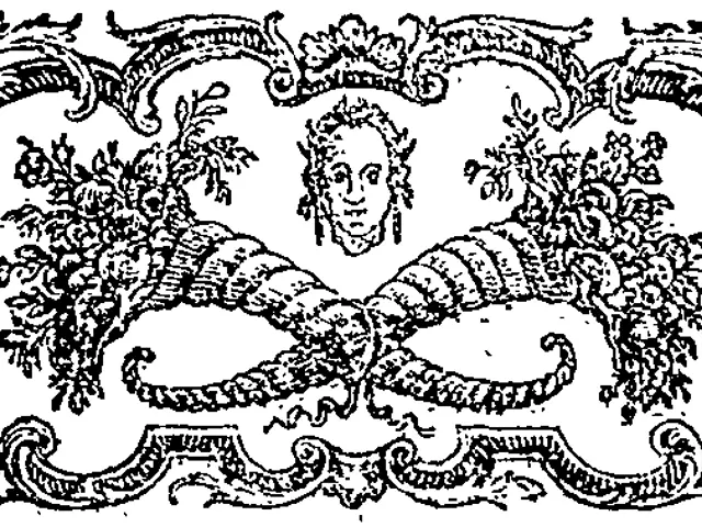 The image shows a black and white drawing of a decorative design with a floral pattern, which is a...