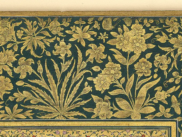 The image shows a green and gold wallpaper with a floral design on it. The design is intricate and...