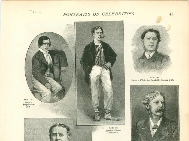 The image shows an old book with pictures of men in suits and ties, along with some text. The men...