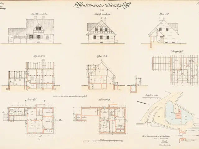 The image shows an old book with a drawing of a house on it. The book contains detailed plans and...