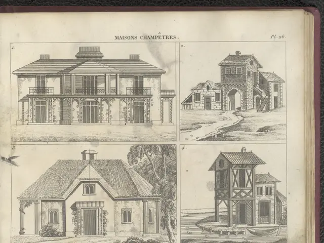 The image shows an open book with a drawing of four different types of houses, each with its own...