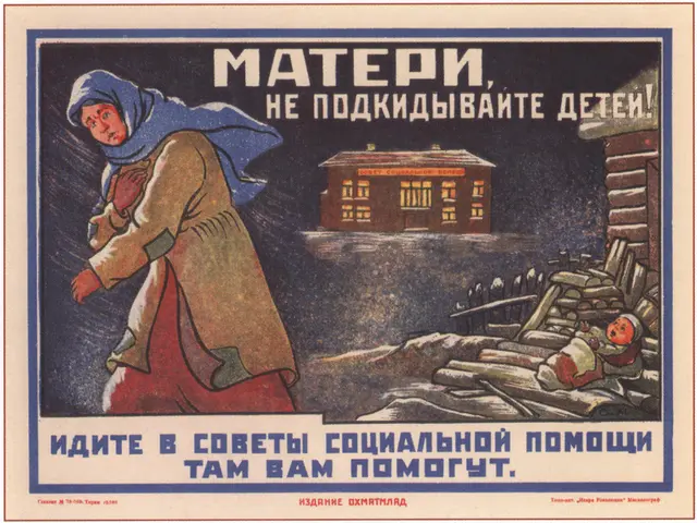The image shows a Soviet propaganda poster with a woman holding a baby in front of a house. The...