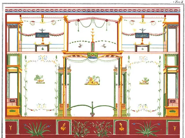 The image shows a drawing of a room with a lot of windows, decorated with intricate designs and...