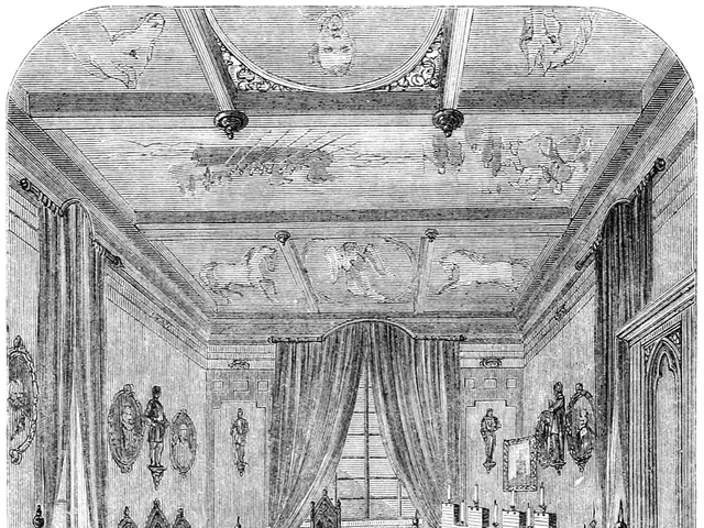 The image shows a black and white drawing of a room with a bed, chairs, tables, curtains, frames on...