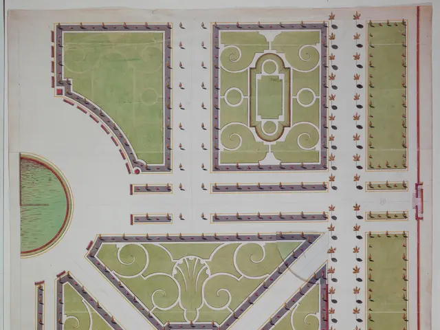 The image shows a drawing of a plan of a garden with a circular design in the center, surrounded by...