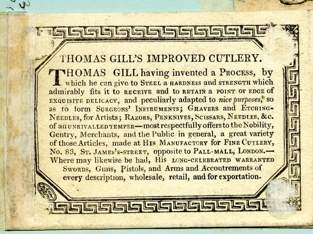 The image shows an old book with a picture of Thomas Gill's improved cutlery on it. The paper has...