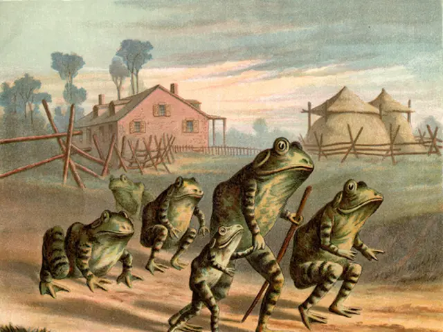 The image shows a group of frogs walking across a dirt road, with one of them holding a stick. In...