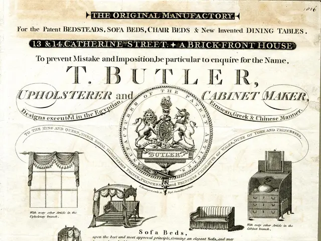 The image shows an old book with a variety of furniture, including beds, sofas, chairs, tables, and...