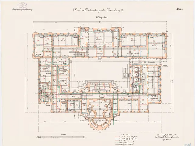 The image shows a drawing of a floor plan of a building with a lot of rooms, which is believed to...