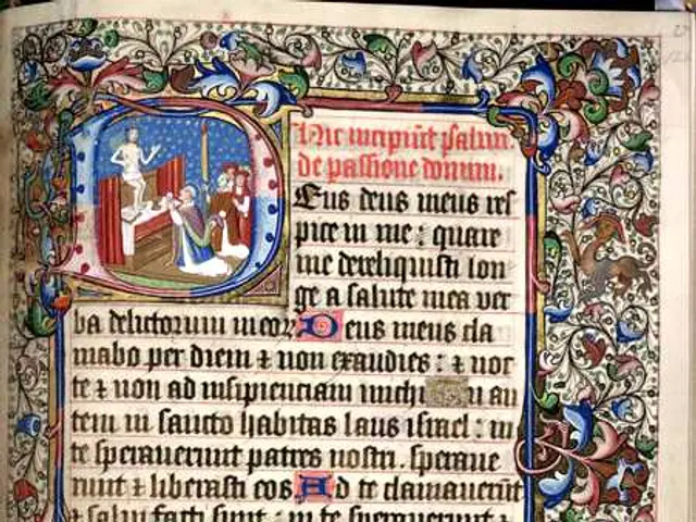 The image shows an open book with an illuminated manuscript featuring a man and a woman in a...