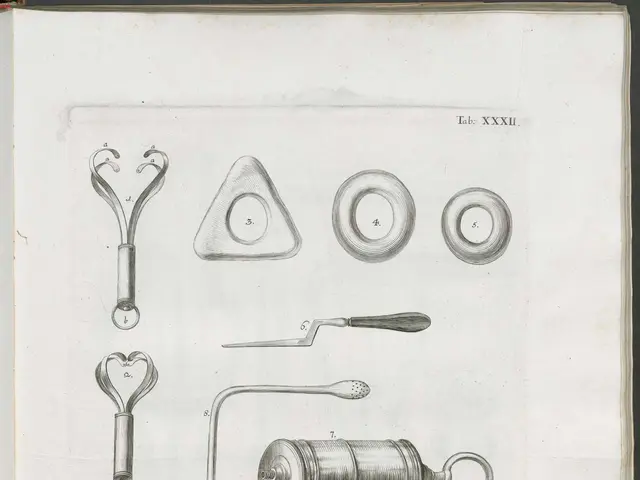 The image shows an open book with a drawing of various medical instruments on it. The book is...