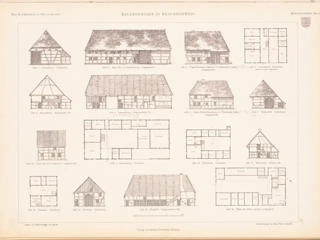 The image shows an old book with a drawing of various types of houses on it. The book is open to a...