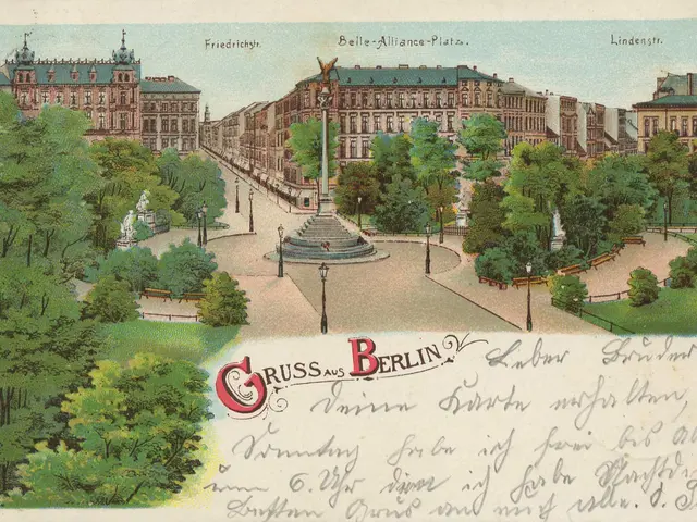 The image shows an old postcard with a picture of a park in Berlin, Germany. It features buildings,...