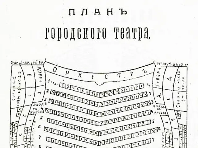 The image shows an old book with a drawing of a seating plan for a theatre, with text written on...