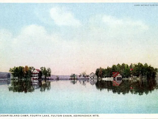 The image shows a postcard of Cedar Island Camp, Fourth Lake, Fulton Chain, Adirondack, Michigan....