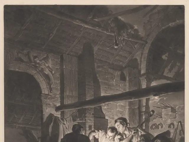 The image shows a blacksmith's shop, with a group of people standing on the floor, some of them...