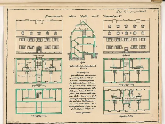 The image shows an old book with a drawing of a building on it, which is a plan of a house from the...