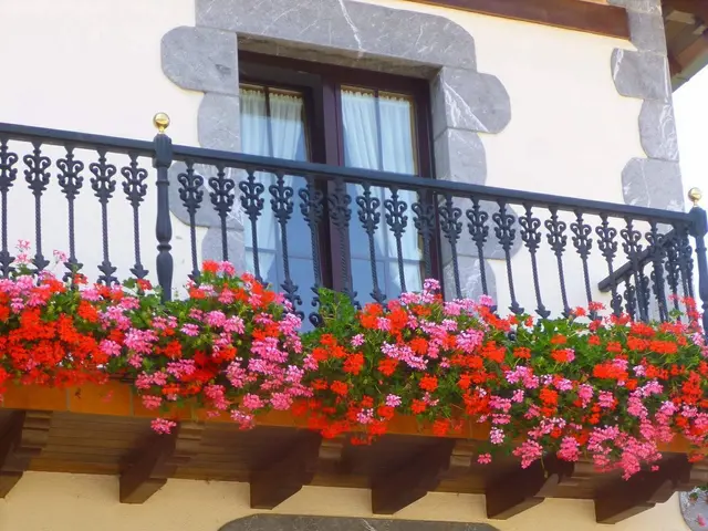 The image shows a building with windows and a balcony with flowers on it. The balcony is adorned...