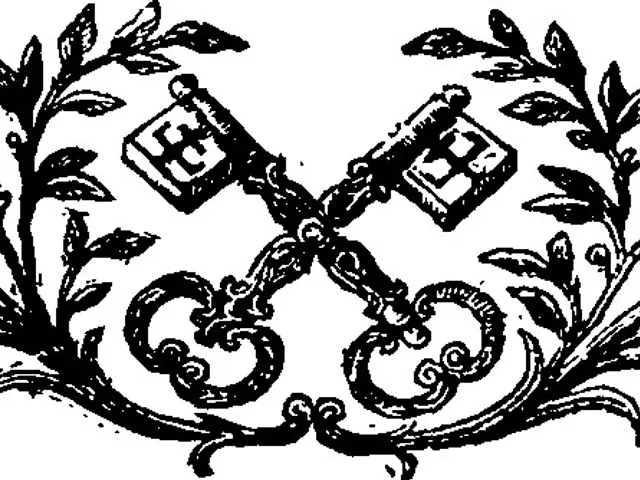 The image shows a black and white drawing of a pair of keys with a floral design, which is likely a...