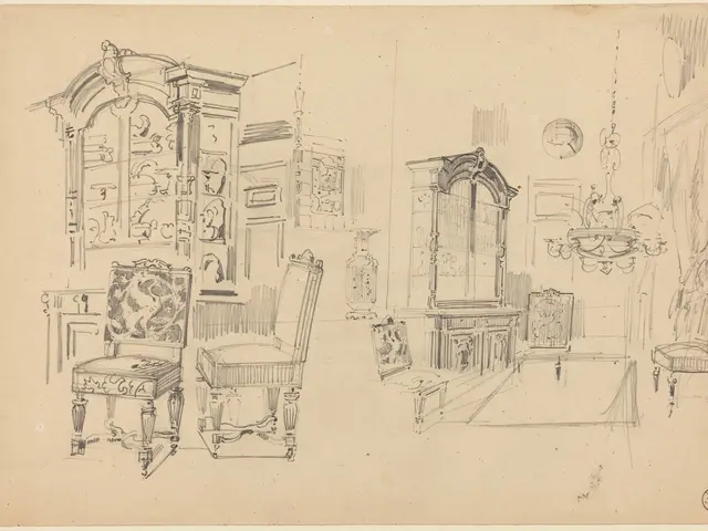 The image shows a drawing of a room with furniture, including chairs, cupboards, and a chandelier....