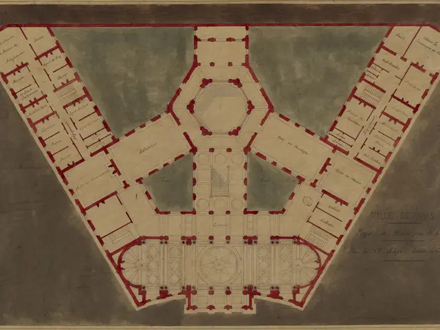 The image shows a drawing of a plan of a building with a lot of rooms, which is likely the floor...