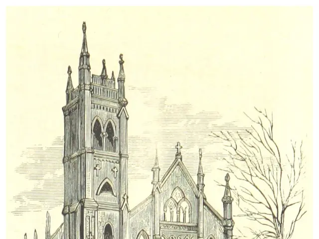 The image shows a drawing of St. James' Church in London, England, with a tree in the foreground...