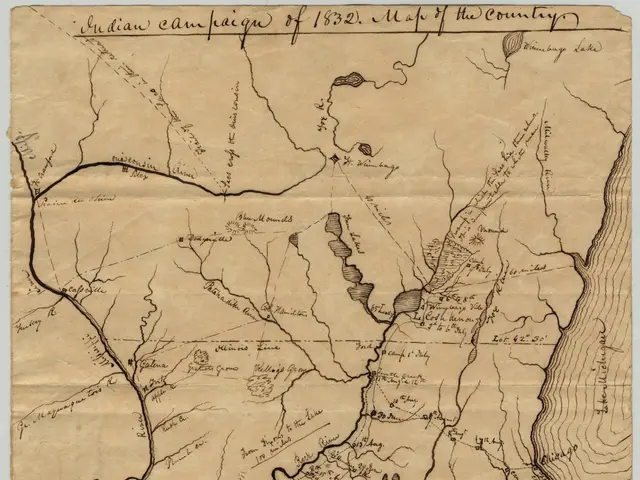 The image shows an old map of the Indian Campaign of 1832, with text written on it. The map is...