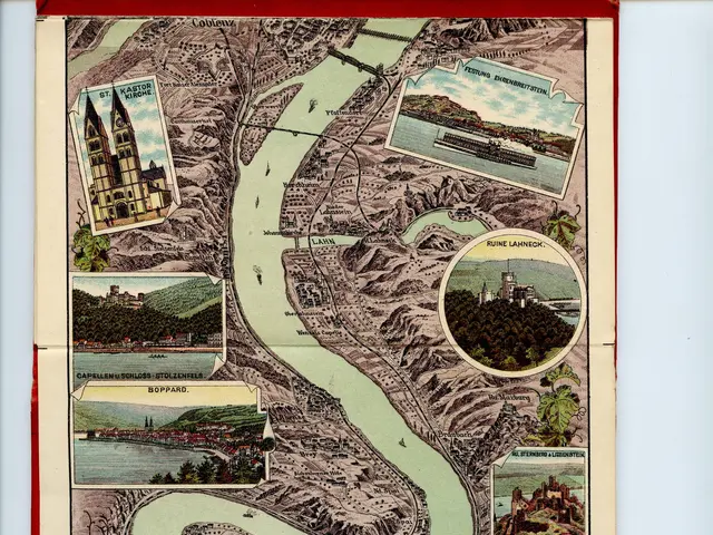 The image shows an old map of the Rhine River in Germany, with pictures of buildings, trees, and...