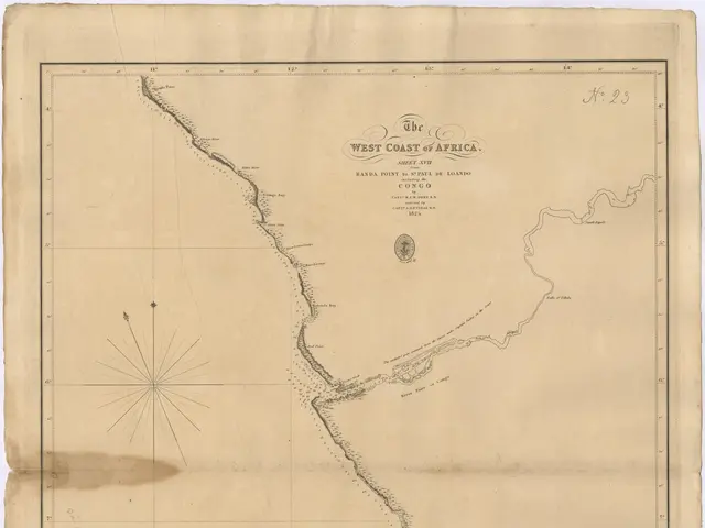 The image shows a paper with a map of the West Coast of Africa, with text written on it. The map is...