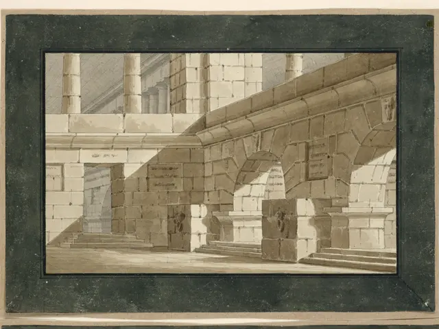 The image shows a drawing of a building with columns and arches, framed in a photo frame. The...