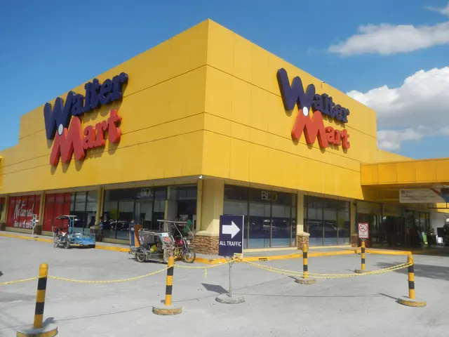 The image shows a Walmart store with a sign that reads "Walmart" in front of it, surrounded by...