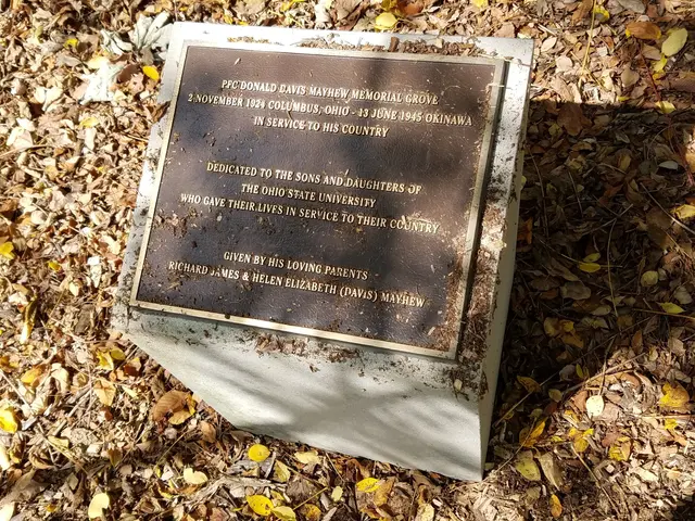 The image shows a plaque on the ground in the woods surrounded by dried leaves. The plaque is a...