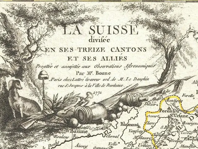 The image shows a poster with a map of the Swiss countryside, featuring trees, animals, and other...