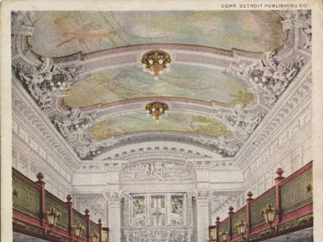 The image shows an old postcard of a grand salon in Detroit, Michigan. It features chairs, sofas,...