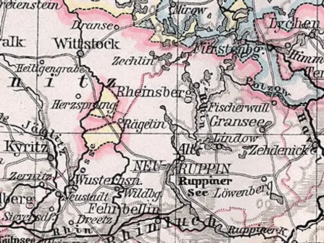The image shows an old map of the city of Rheinsberg, Germany, with text indicating the location of...
