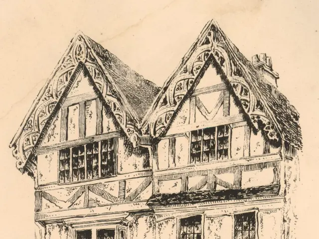 The image shows an old house in the high street of Oxford, England. It is a drawing of a building...