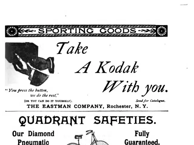 The image shows an advertisement for a Kodak bicycle with a picture of a man riding it. The poster...