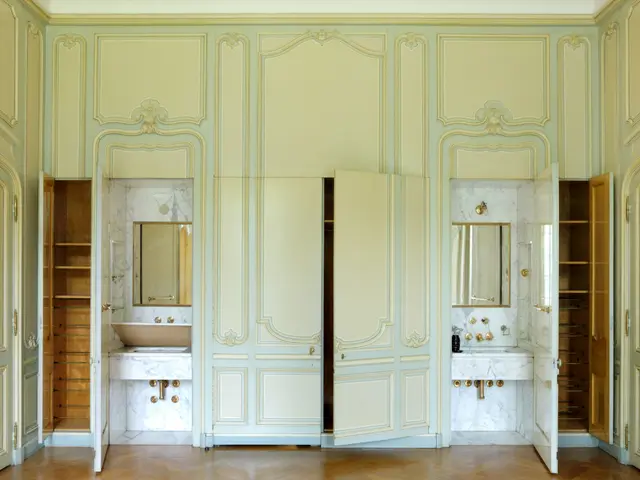 The image shows a bathroom with two sinks, a large mirror, cupboards, taps, shelves, and a wooden...