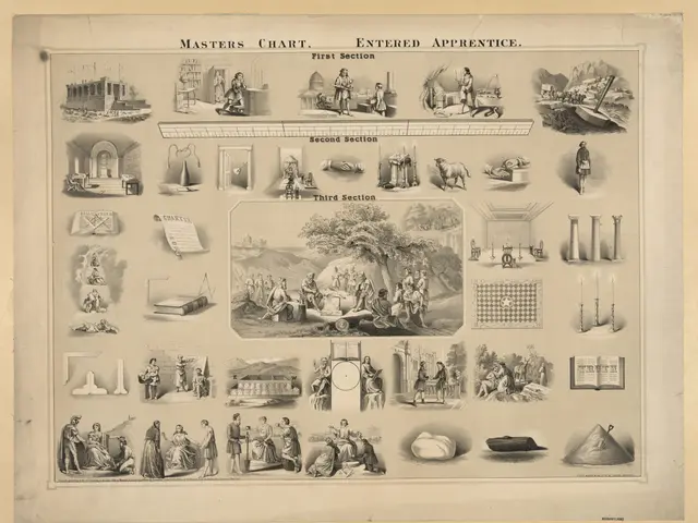 The image shows a poster with a variety of pictures of people, trees, buildings, and other objects....