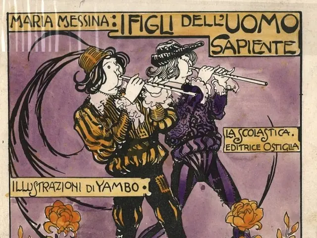 The image shows an old book with a drawing of two people playing flutes, surrounded by flowers and...