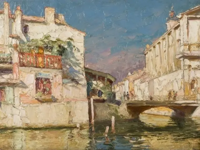 The image shows a painting of a canal in Venice, Italy, with buildings, a bridge, people, and a sky...