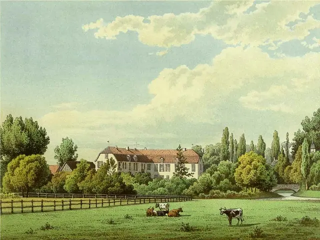 The image shows a painting of cows grazing in a field with a wooden fence, trees, buildings with...