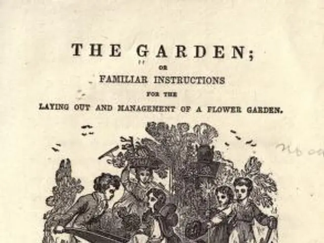 The image shows an old book with a drawing of a garden on the cover page. The text on the paper...