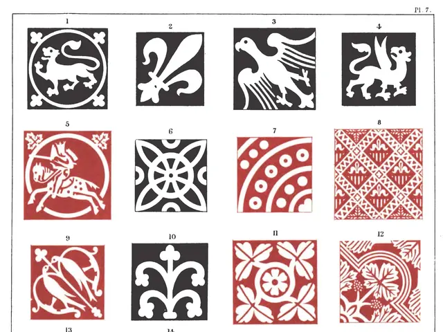 The image shows a page from a book with a variety of red and black designs, which appear to be tile...