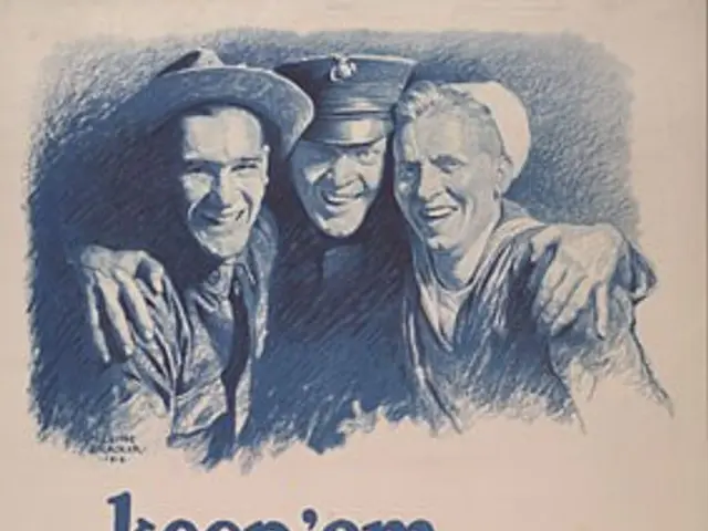 The image shows a poster with a picture of three people smiling and the words "Keep 'Em Smiling,...