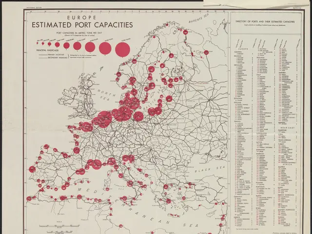 The image shows a map of Europe with red dots indicating estimated port capacities. The map is...