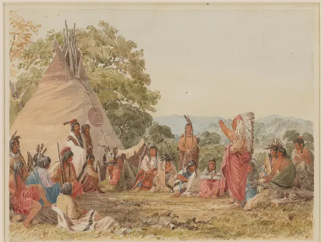 The image shows a painting of a group of people sitting in front of a teepee, surrounded by trees,...