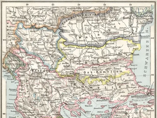 The image shows an old map of the Balkan Peninsula, with text at the top and bottom of the paper....